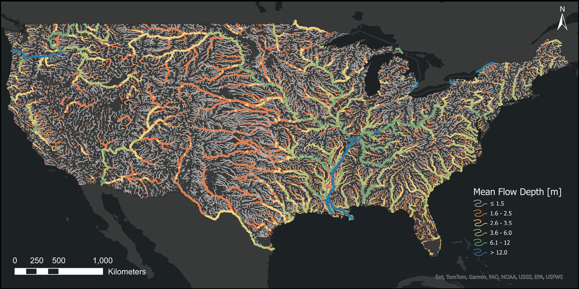 Mean-flow depth across CONUS rivers