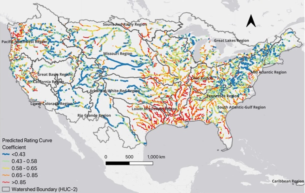 Predicted rating-curve coefficient across US rivers