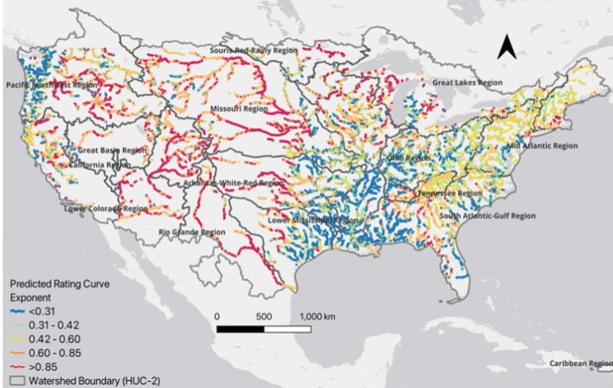 Predicted rating-curve exponent across US rivers