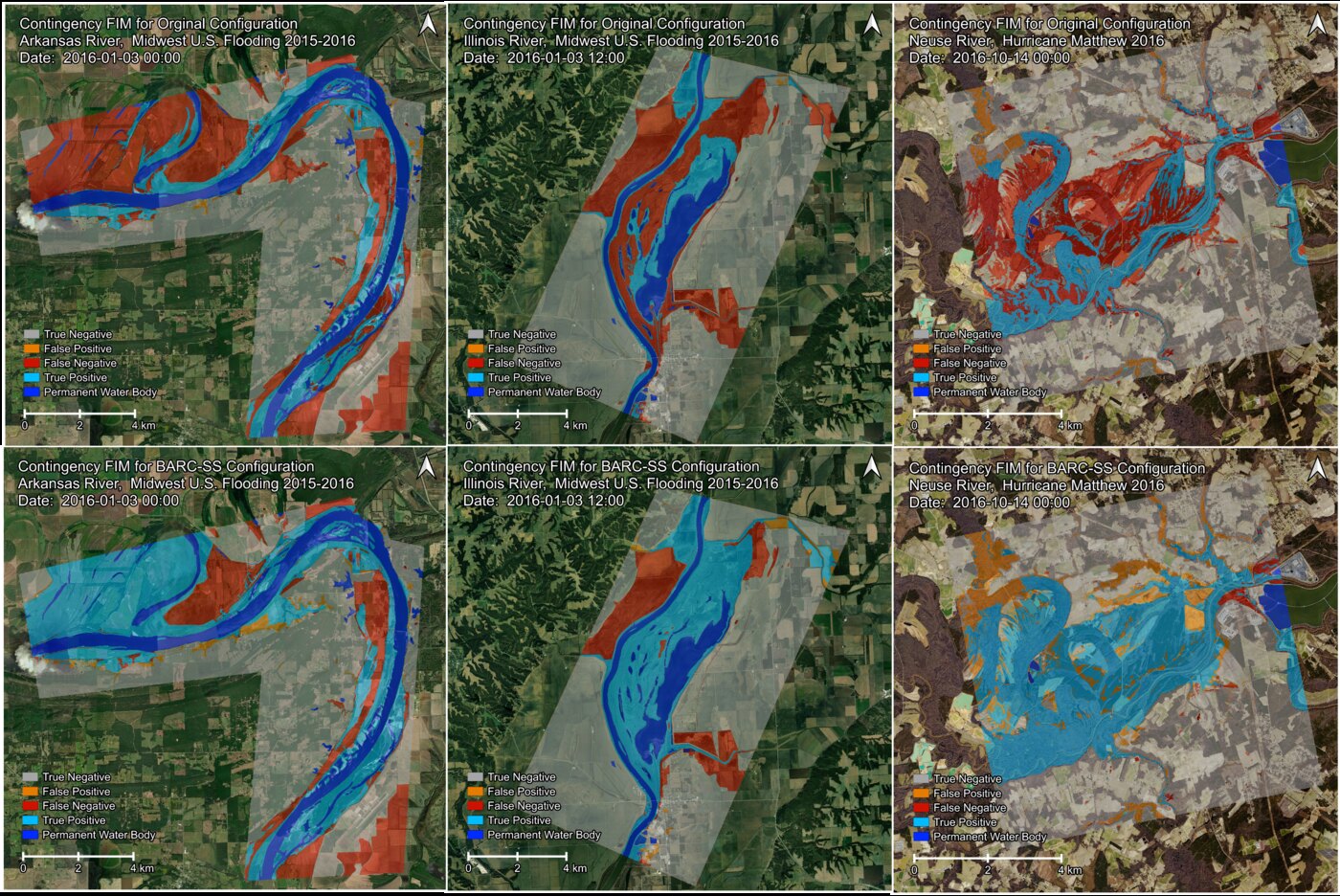 Contingency flood maps comparing the original and BARC-SS configurations across three events