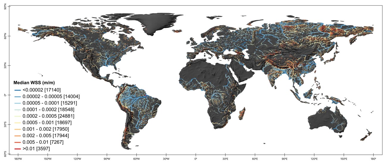 Median river water-surface slope across global river reaches