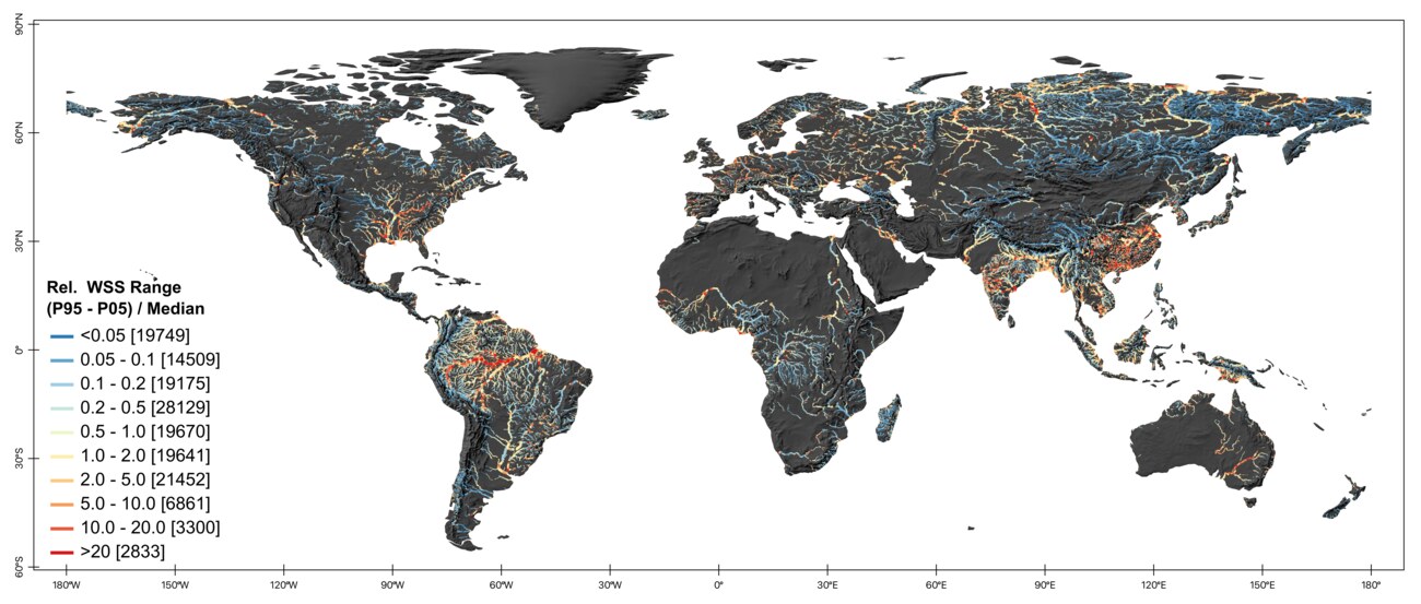 Relative range (temporal variability) of river water-surface slope