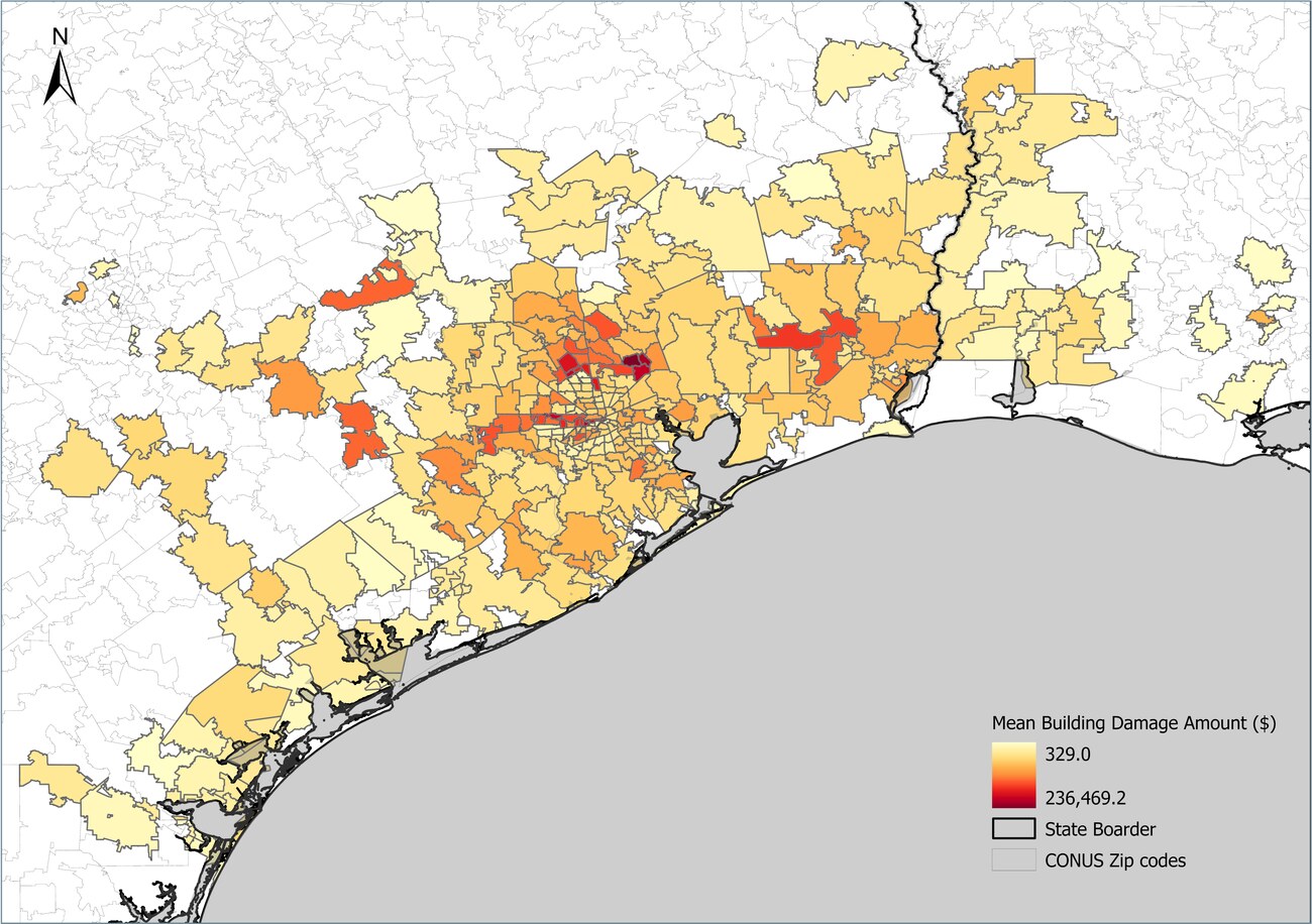 Predicted mean building-damage amount per ZIP code, Hurricane Harvey