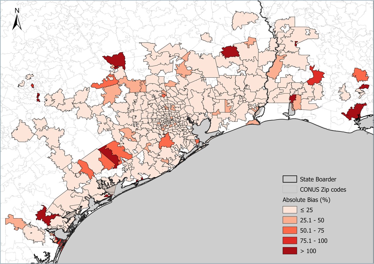 Model absolute bias (%) by ZIP code