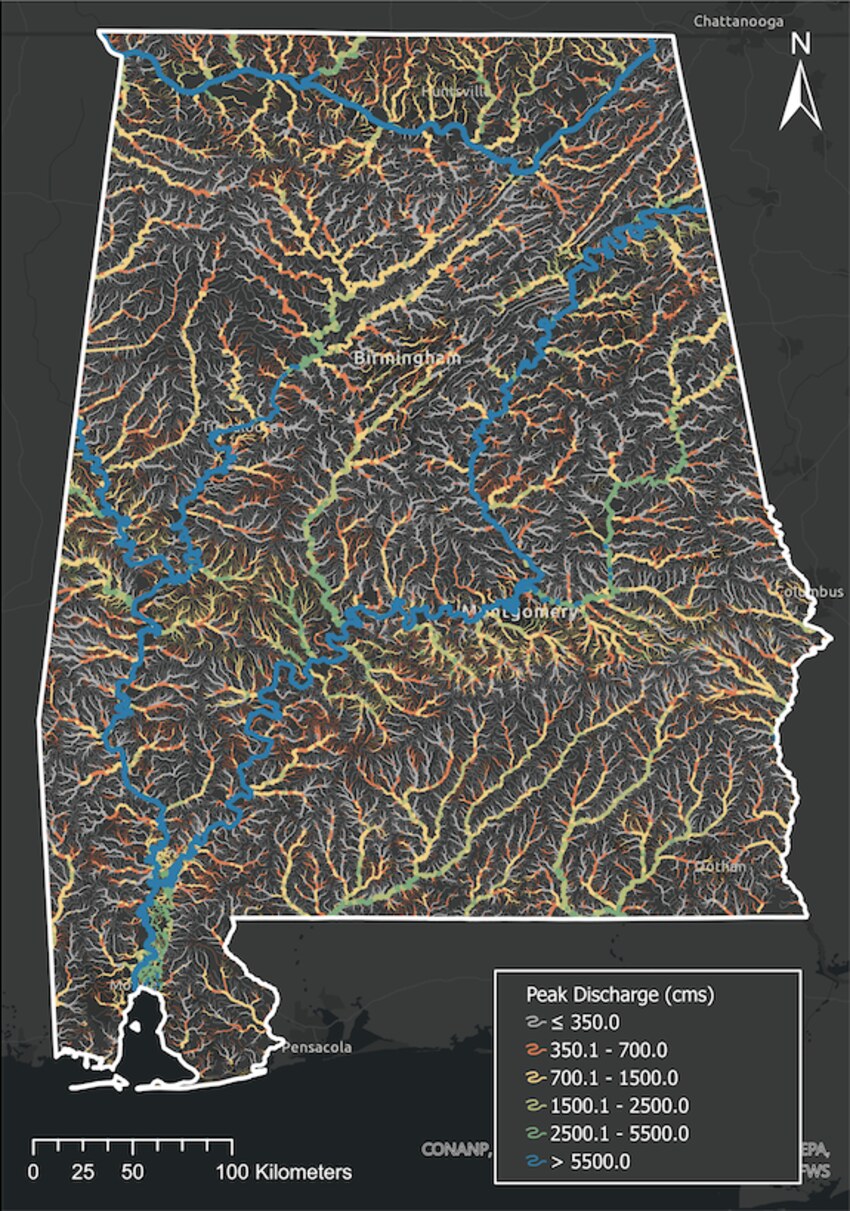 ML-derived annual-maximum peak-flow discharge across Alabama rivers