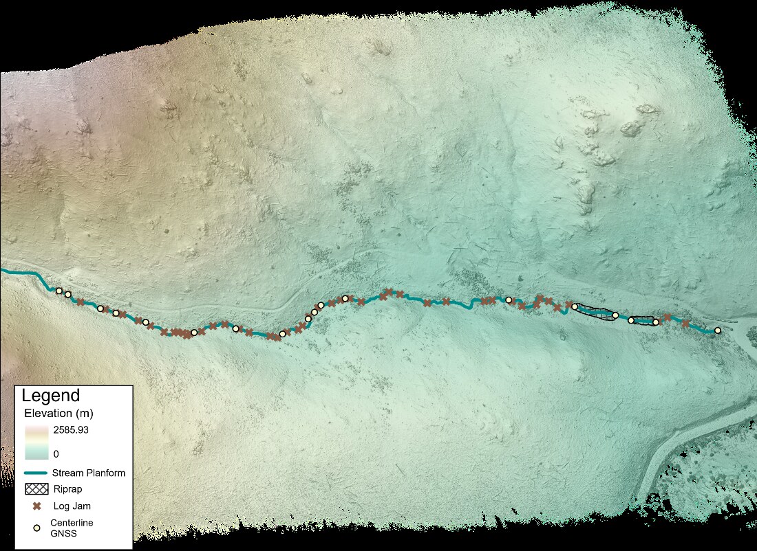 Survey DEM with stream planform, log jams, riprap, and GNSS centerline points