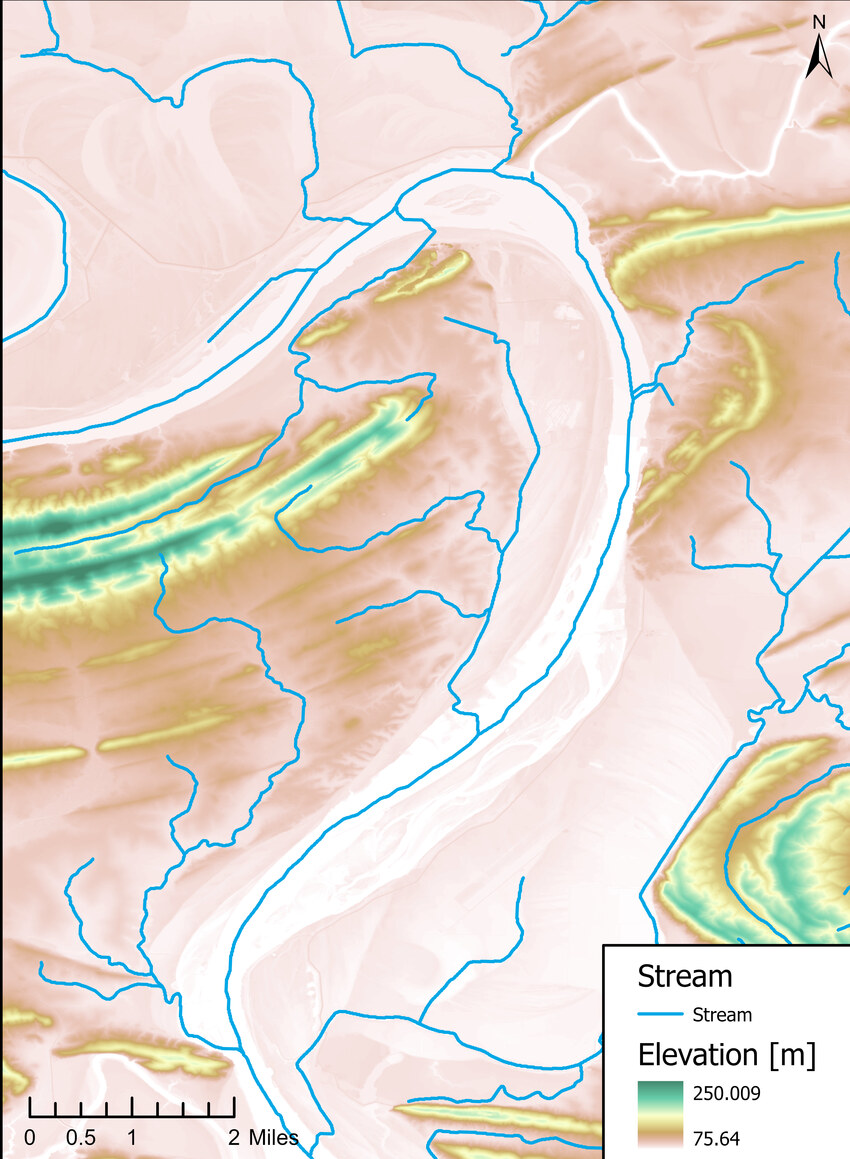 Terrain elevation (DEM) with stream network, Arkansas River near Conway