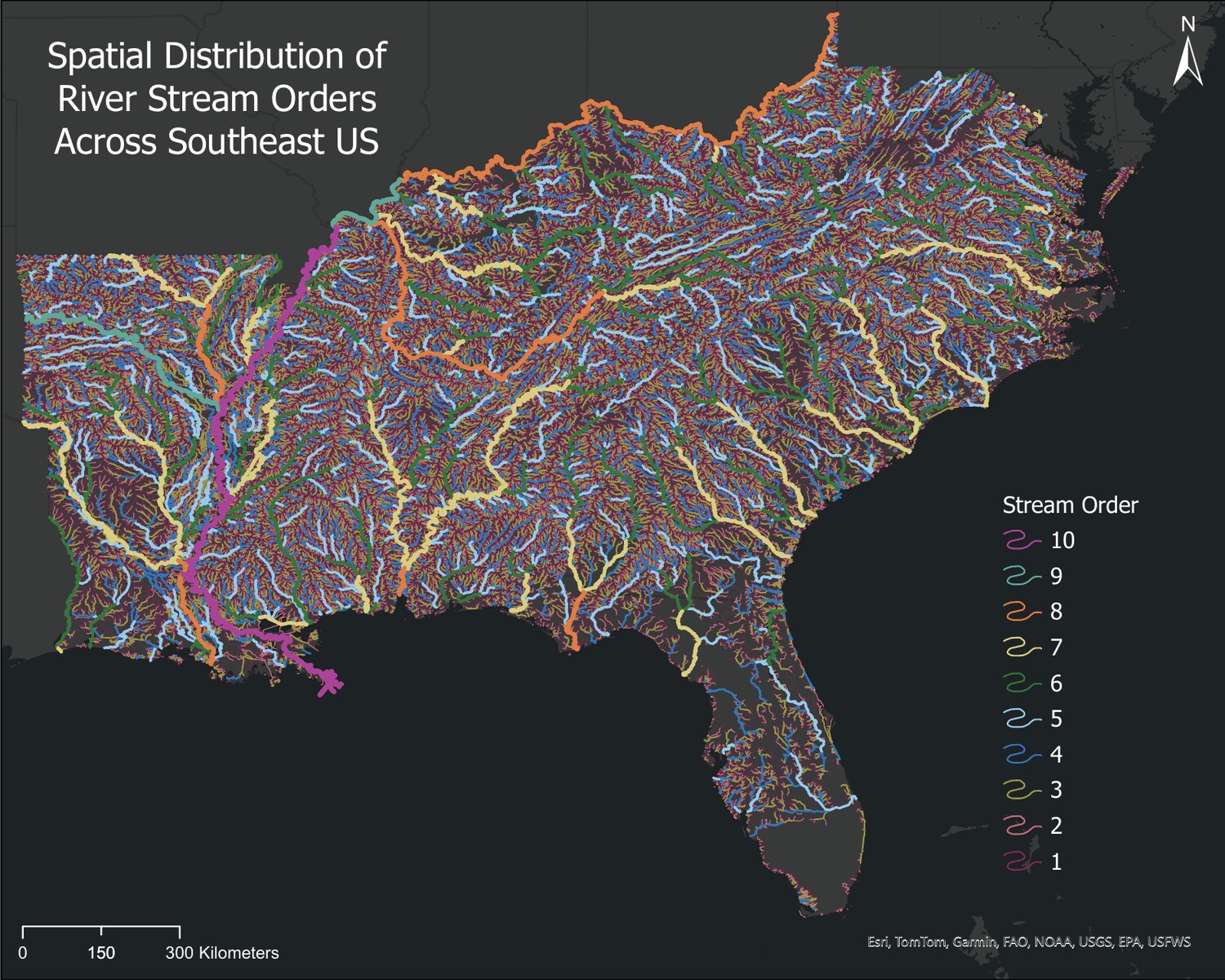 Stream-order distribution across the southeastern US