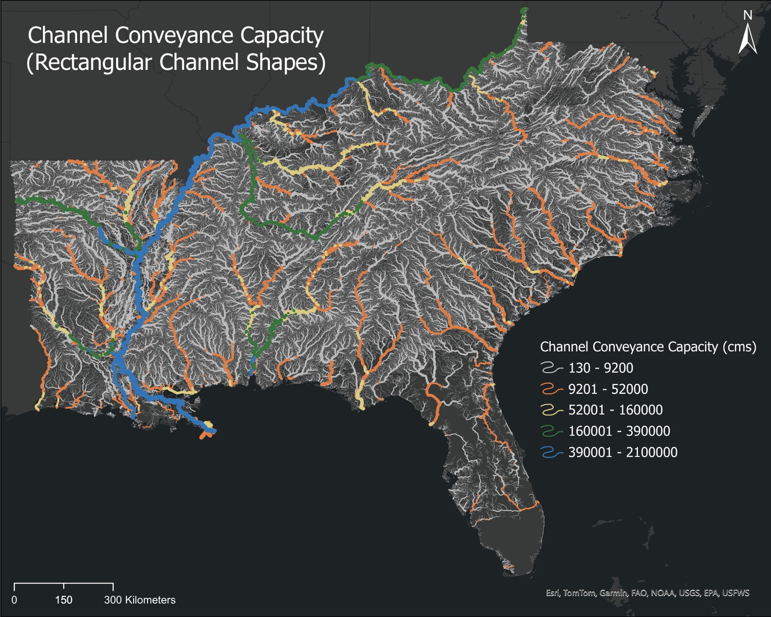 Channel conveyance capacity (rectangular channel shape) across the southeastern US