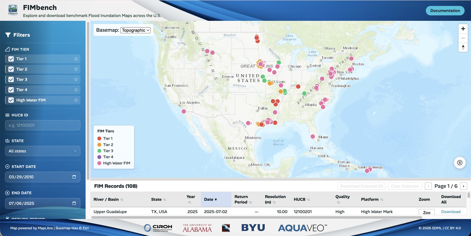 FIMbench web app showing benchmark flood map locations across CONUS