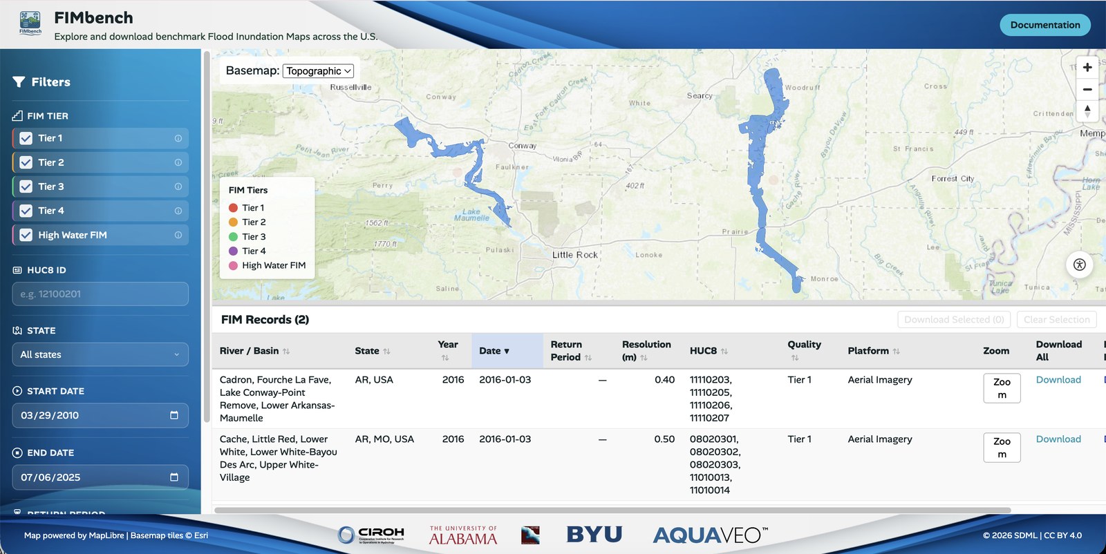 FIMbench web app showing Tier 1 benchmark flood maps in Arkansas